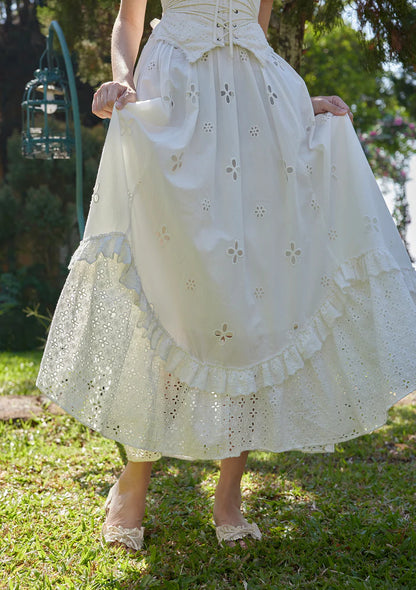 Ivory Cotton Eyelet Embroidery Maxi Dresses with Square Neck Off Shoulder Puff Sleeves Corset Bodice Tie Back and Asymmetric Lace Hem