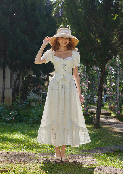 Ivory Cotton Eyelet Embroidery Maxi Dresses with Square Neck Off Shoulder Puff Sleeves Corset Bodice Tie Back and Asymmetric Lace Hem