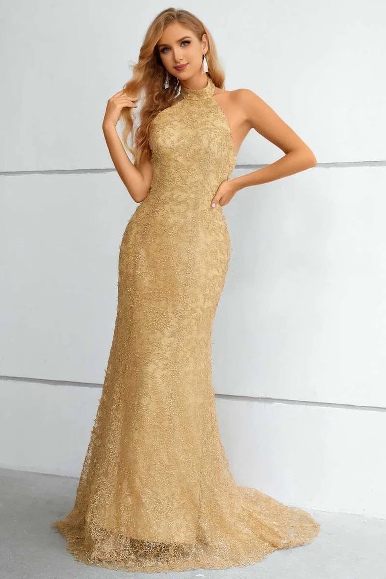 Lace Halter Backless Mermaid Long Formal Dress