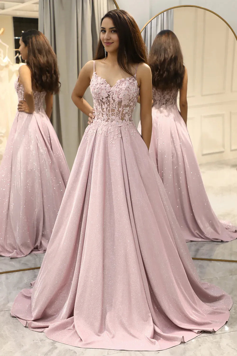 A Line V Neck Glitter Spaghetti Straps Blush Prom Dress with Beading