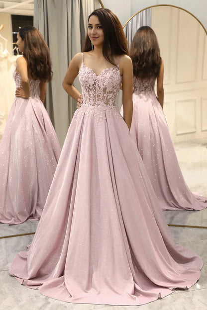 A Line V Neck Glitter Spaghetti Straps Blush Prom Dress with Beading