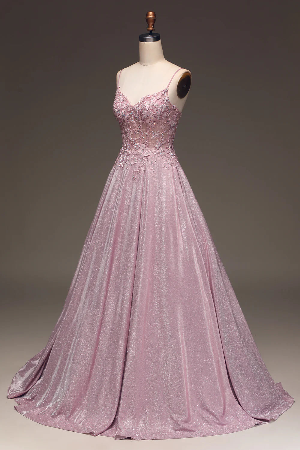 A Line V Neck Glitter Spaghetti Straps Blush Prom Dress with Beading