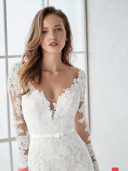 Wedding Dresses V Neck Lace Tulle Long Sleeve Country Illusion Sleeve