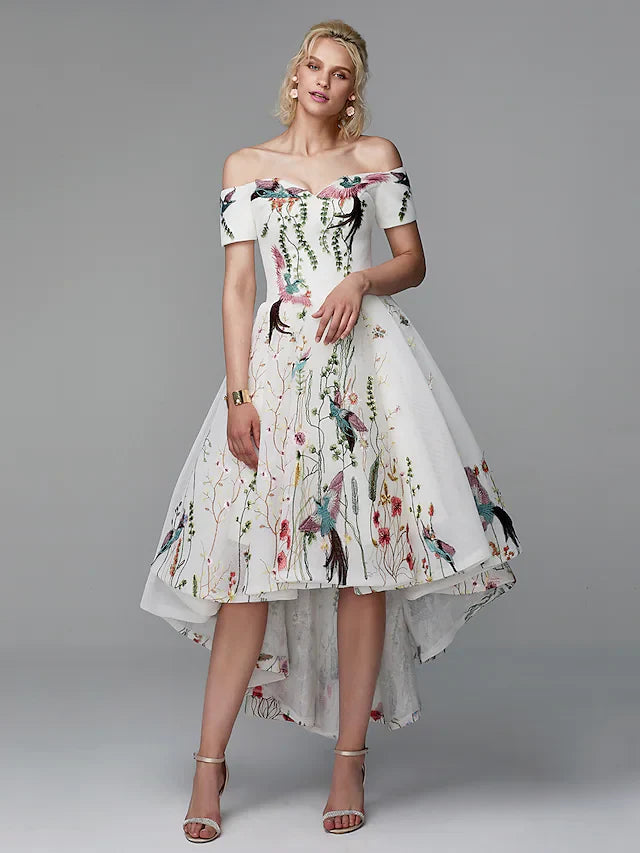 Ball Gown Elegant Floral High Low Cocktail Party Prom Valentine's Day Dress Off Shoulder Short Sleeve Asymmetrical Polyester with Embroidery