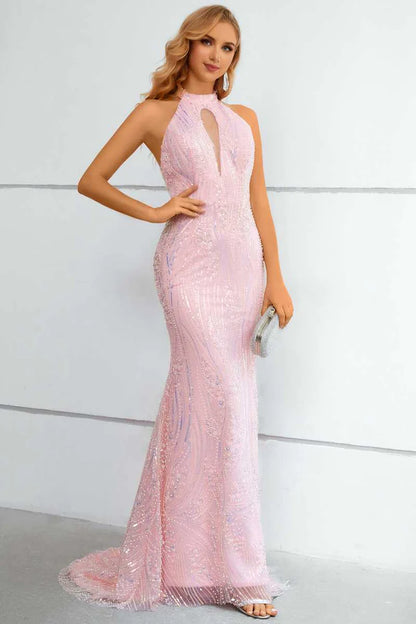 Lace Halter Keyhole Mermaid Long Prom Dress