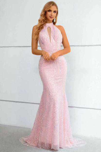 Lace Halter Keyhole Mermaid Long Prom Dress
