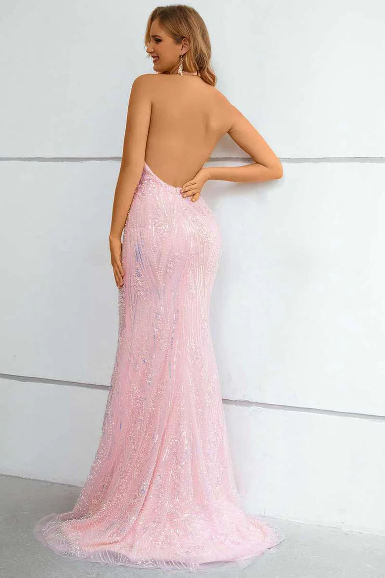 Lace Halter Keyhole Mermaid Long Prom Dress