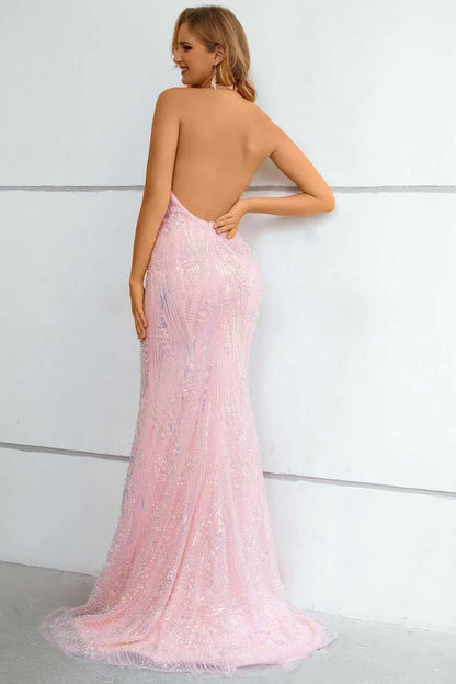 Lace Halter Keyhole Mermaid Long Prom Dress