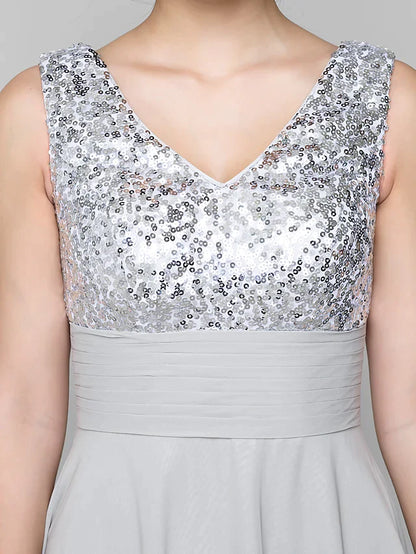 A-Line Mother of the Bride Dress Sparkle & Shine Bateau Neck Ankle Length Chiffon Sleeveless with Sash Ribbon Sequin