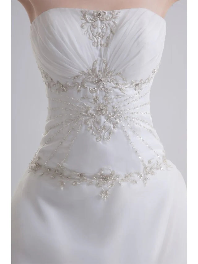 A-Line Wedding Dresses Strapless Court Train Organza Satin Strapless with Pick Up Skirt Ruched Beading