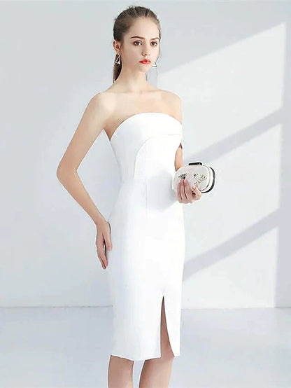 Minimalist Elegant Engagement Cocktail Party Dress Strapless Sleeveless Knee Length Stretch Fabric with Sleek Split