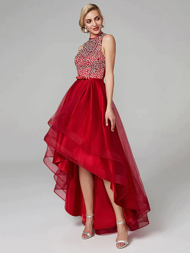 A-Line Sparkle & Shine High Low Keyhole Cocktail Party Prom Dress Jewel Neck Sleeveless Asymmetrical Satin Tulle with Bow(s) Sequin