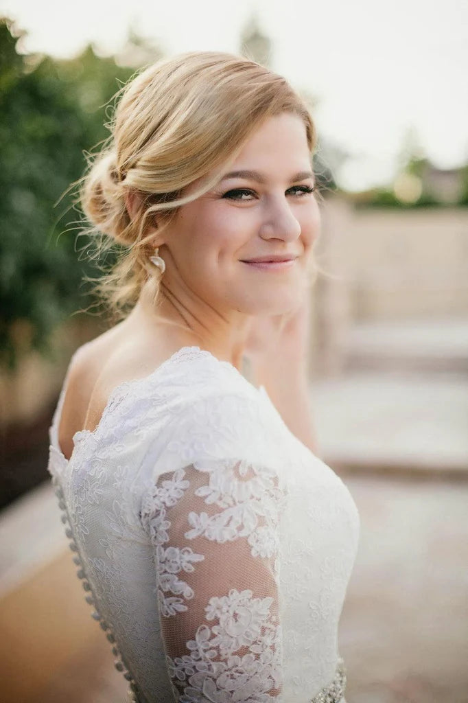 A-Line Beading Ivory Half Sleeve Wedding Dress