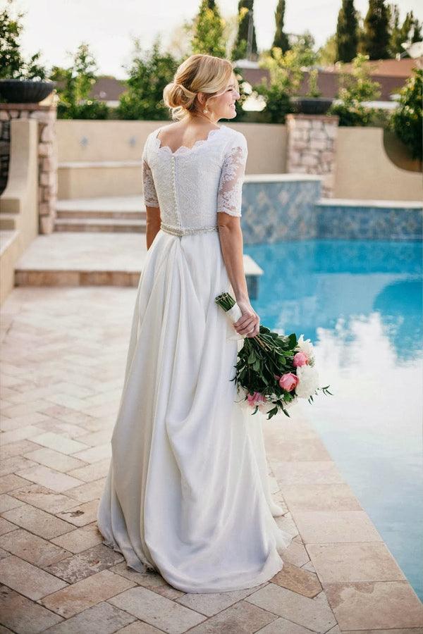 A-Line Beading Ivory Half Sleeve Wedding Dress