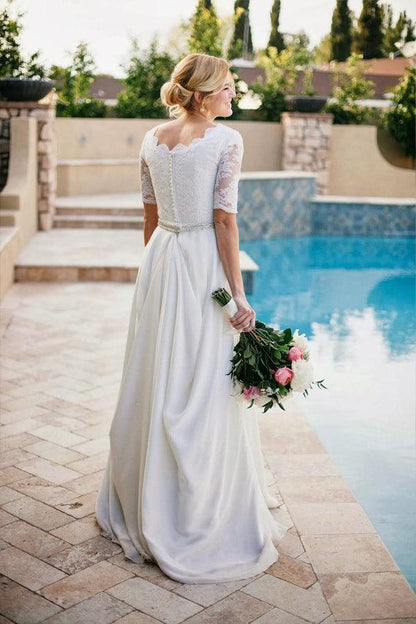 A-Line Beading Ivory Half Sleeve Wedding Dress