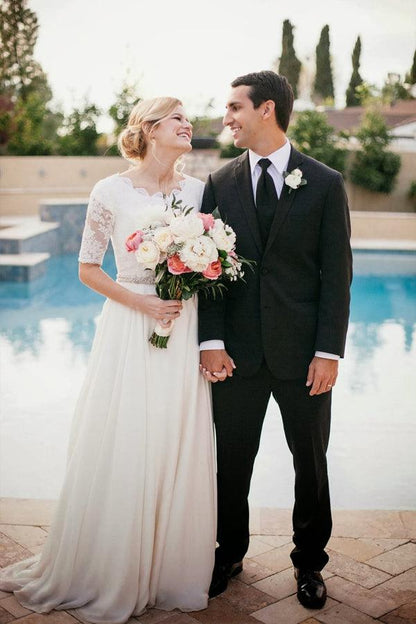 A-Line Beading Ivory Half Sleeve Wedding Dress