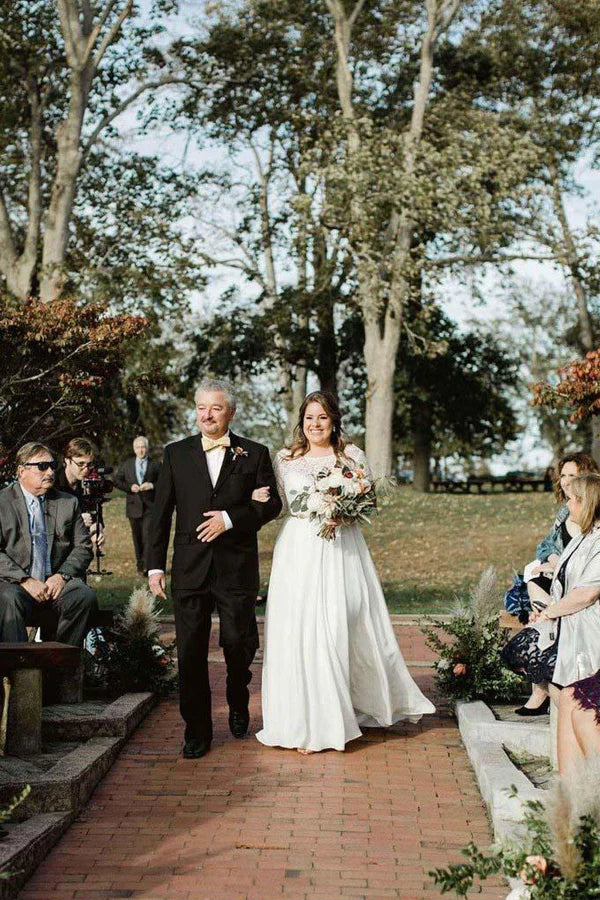 Lace Top Chiffon Plus Size Wedding Dresses with Long Sleeves