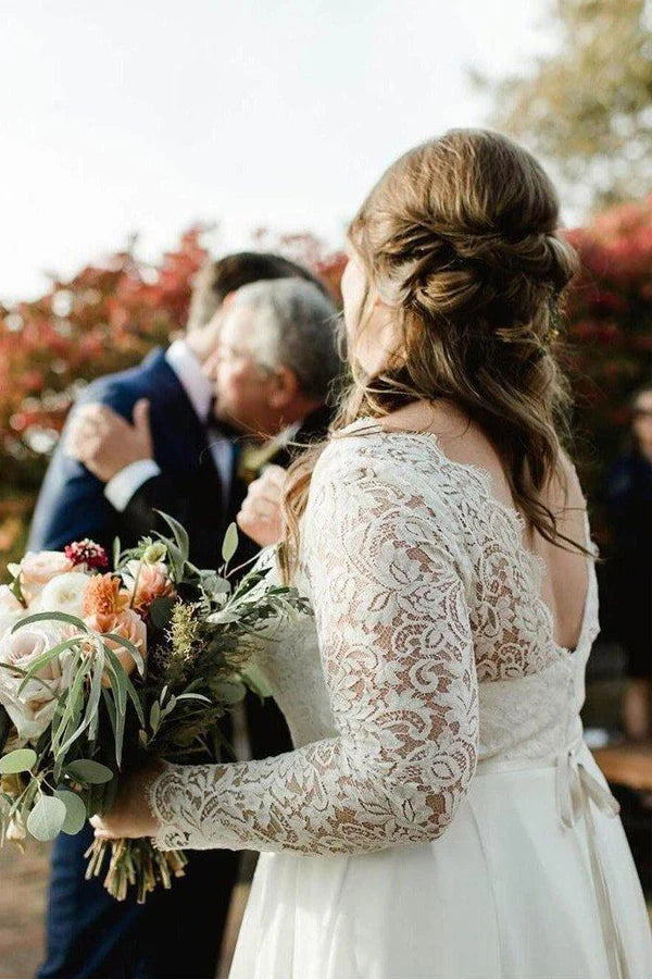 Lace Top Chiffon Plus Size Wedding Dresses with Long Sleeves