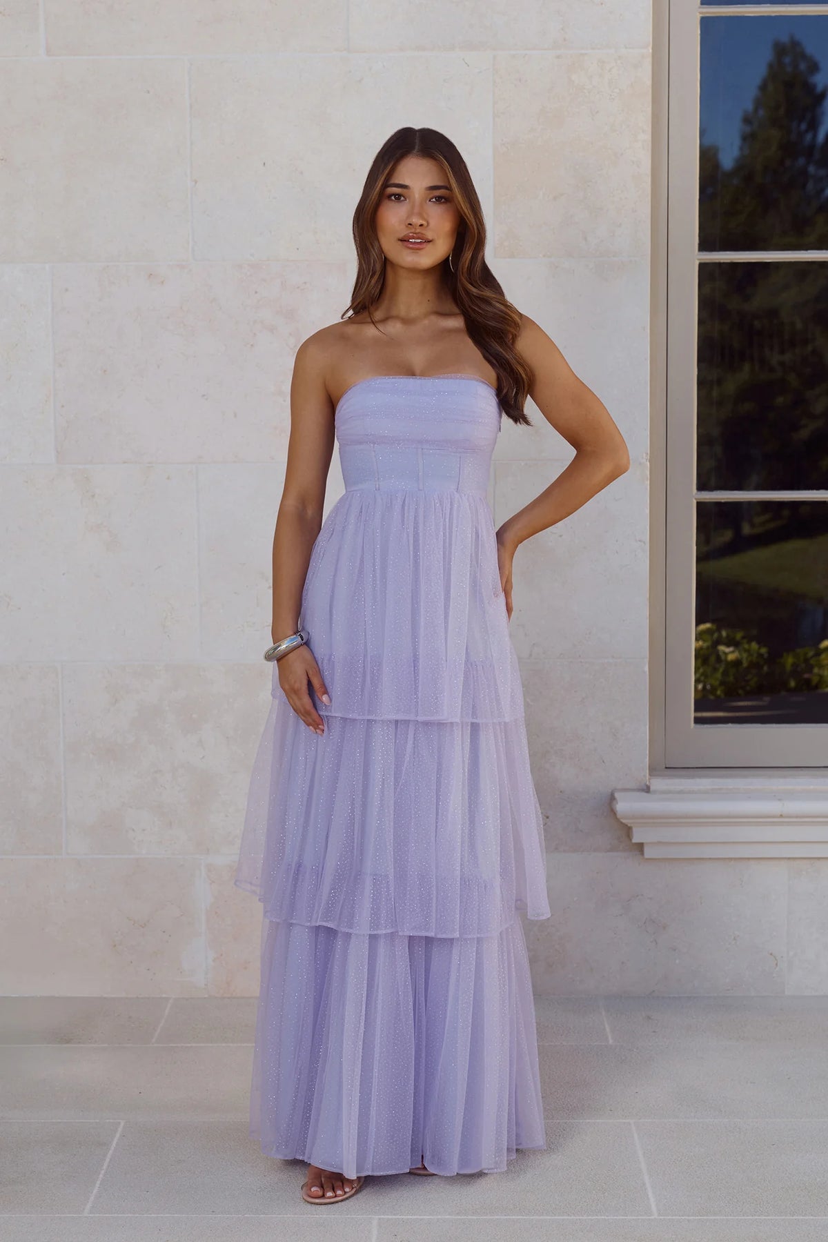 Lavender Glitter Tulle Prom Dresses with Strapless Corset Bodice and Tiered Ruffle Skirt