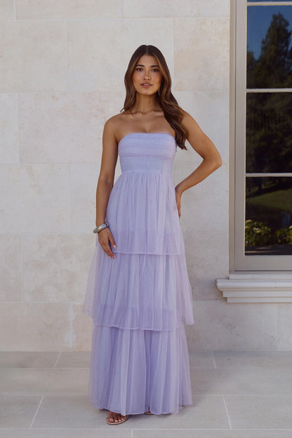 Lavender Glitter Tulle Prom Dresses with Strapless Corset Bodice and Tiered Ruffle Skirt