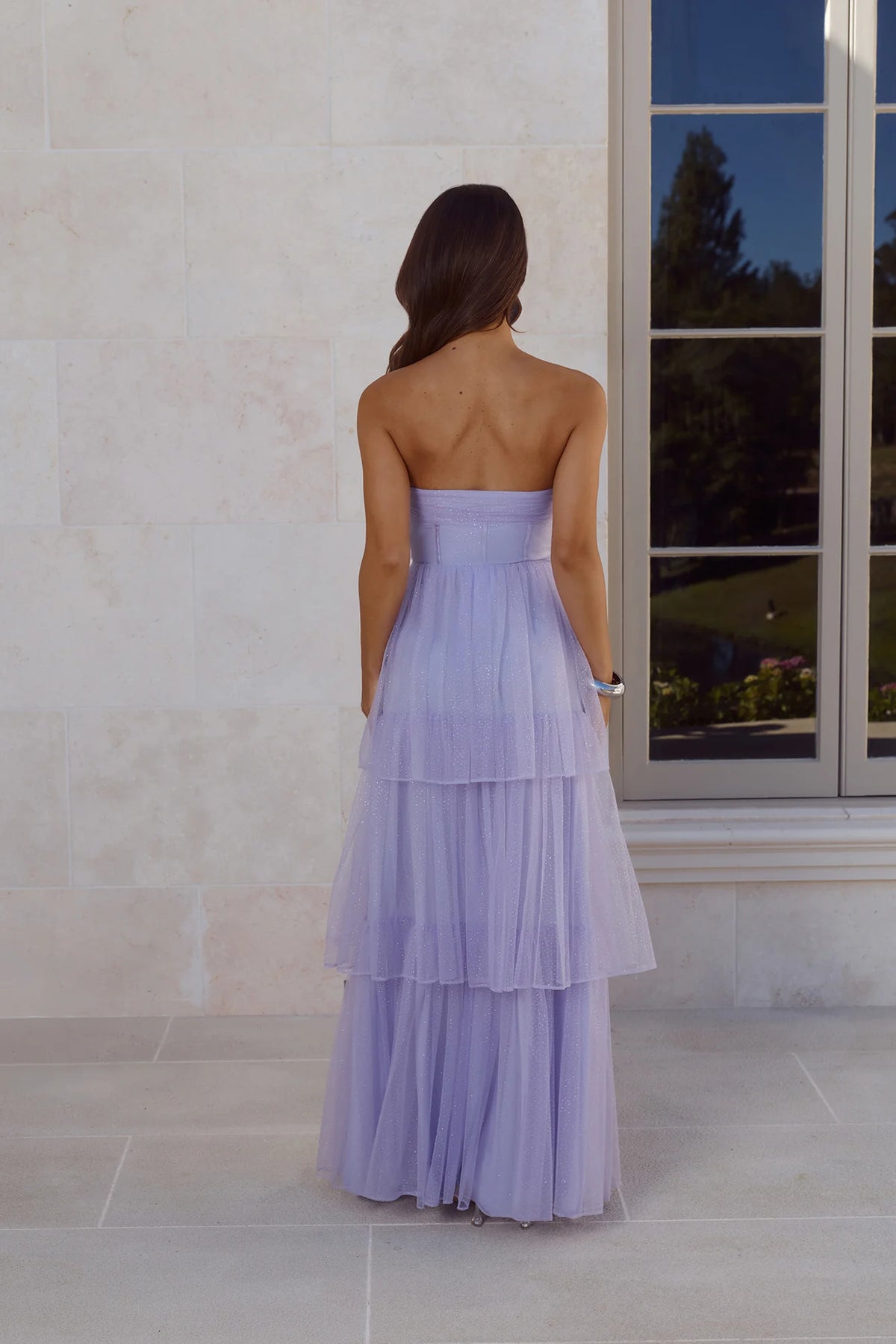 Lavender Glitter Tulle Prom Dresses with Strapless Corset Bodice and Tiered Ruffle Skirt
