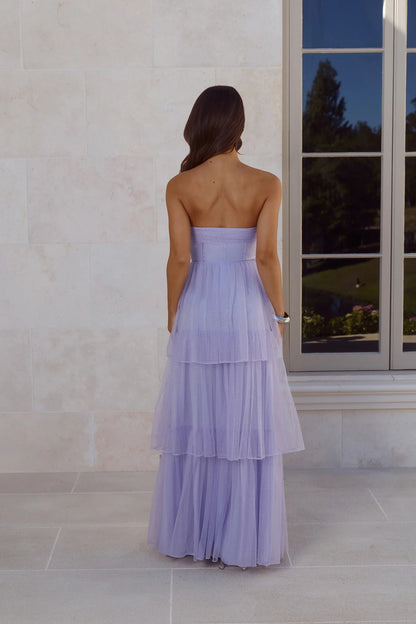 Lavender Glitter Tulle Prom Dresses with Strapless Corset Bodice and Tiered Ruffle Skirt