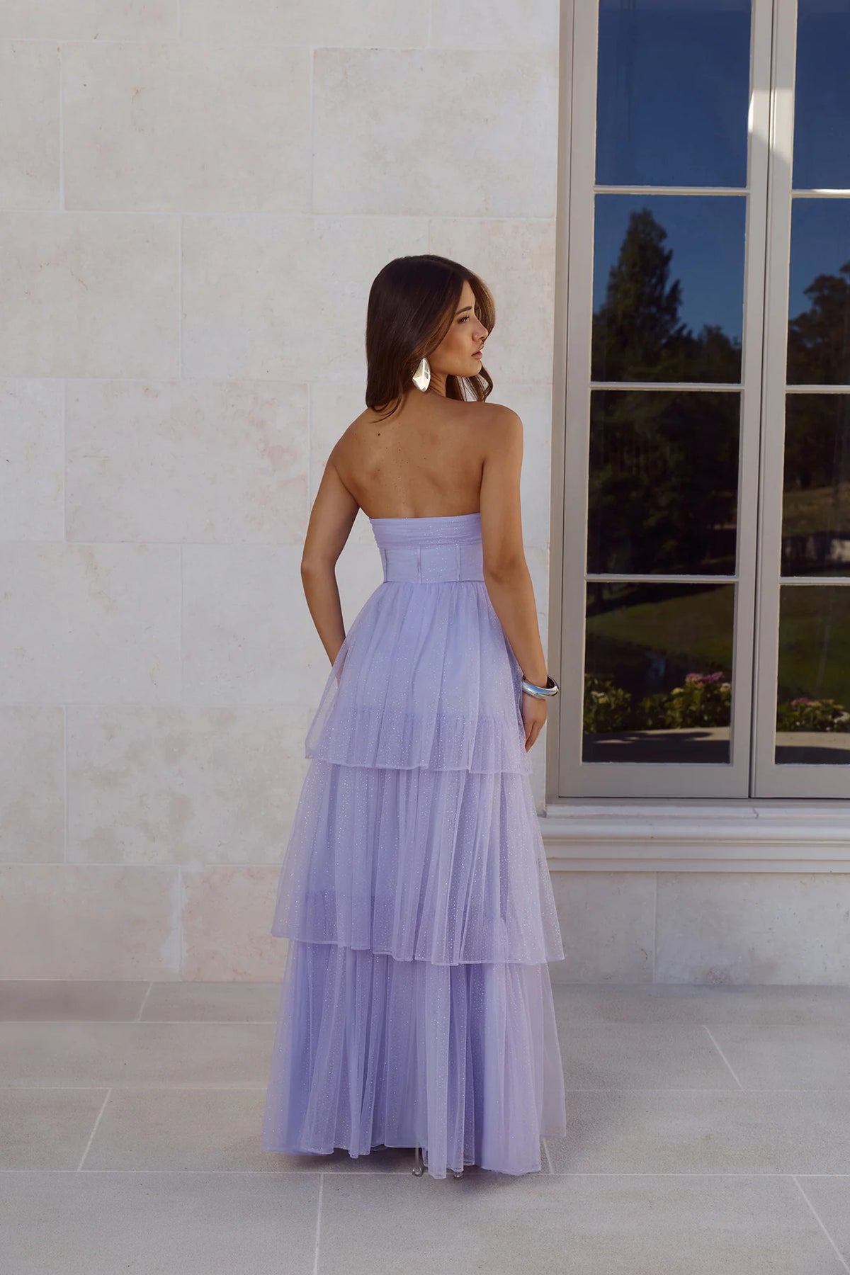 Lavender Glitter Tulle Prom Dresses with Strapless Corset Bodice and Tiered Ruffle Skirt