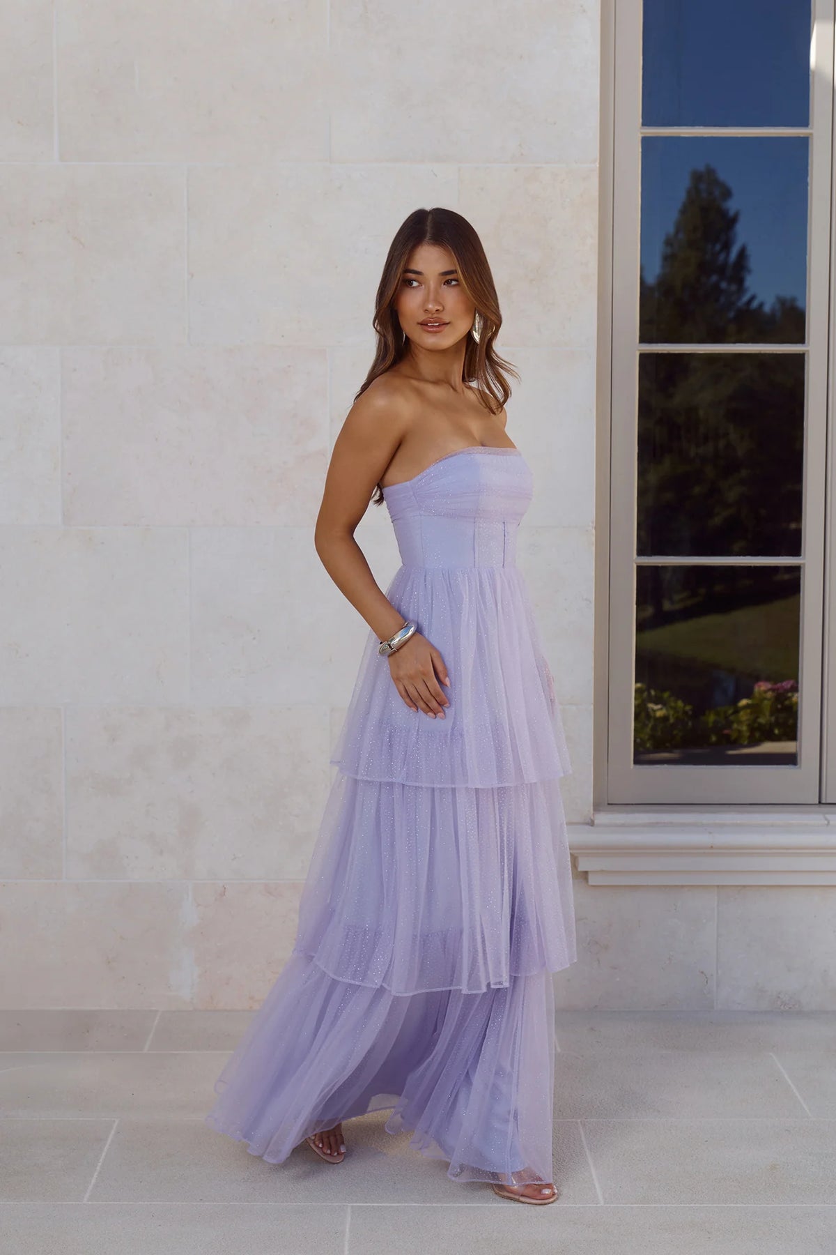 Lavender Glitter Tulle Prom Dresses with Strapless Corset Bodice and Tiered Ruffle Skirt