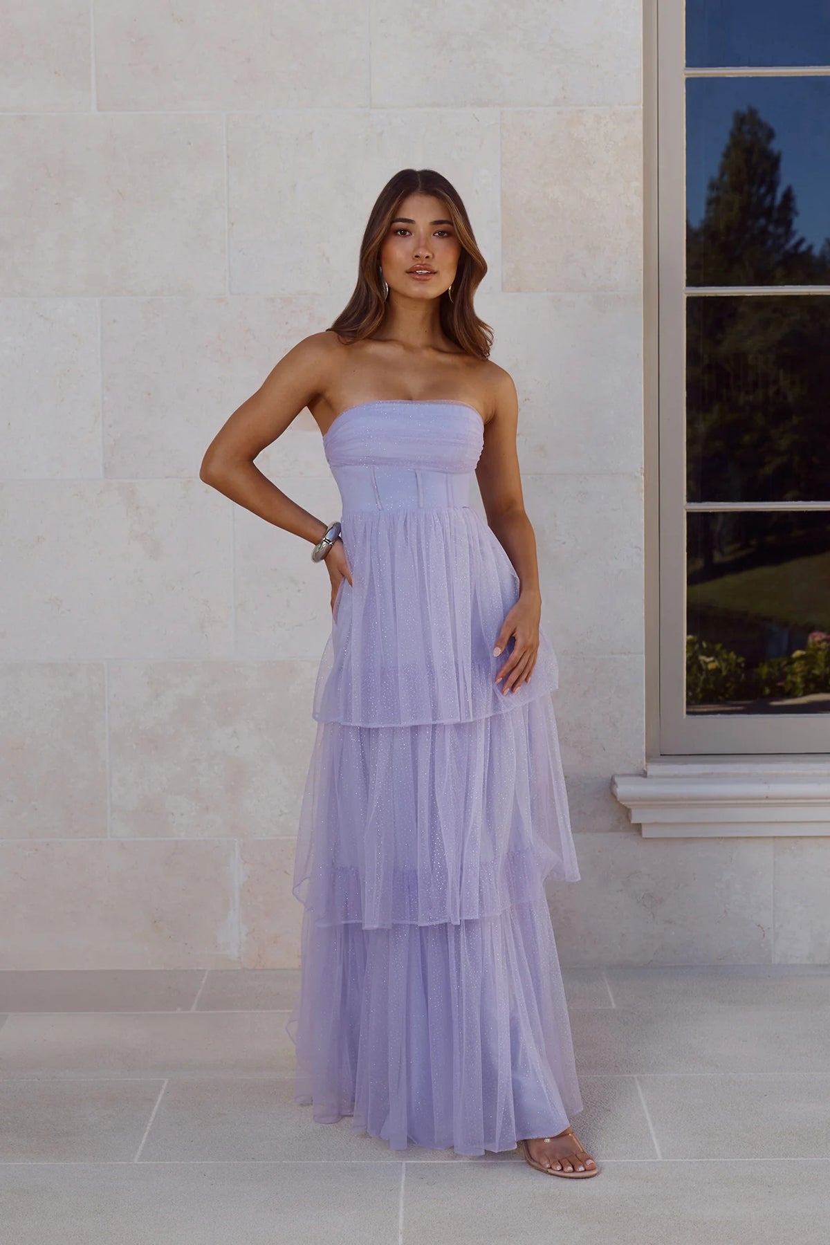 Lavender Glitter Tulle Prom Dresses with Strapless Corset Bodice and Tiered Ruffle Skirt