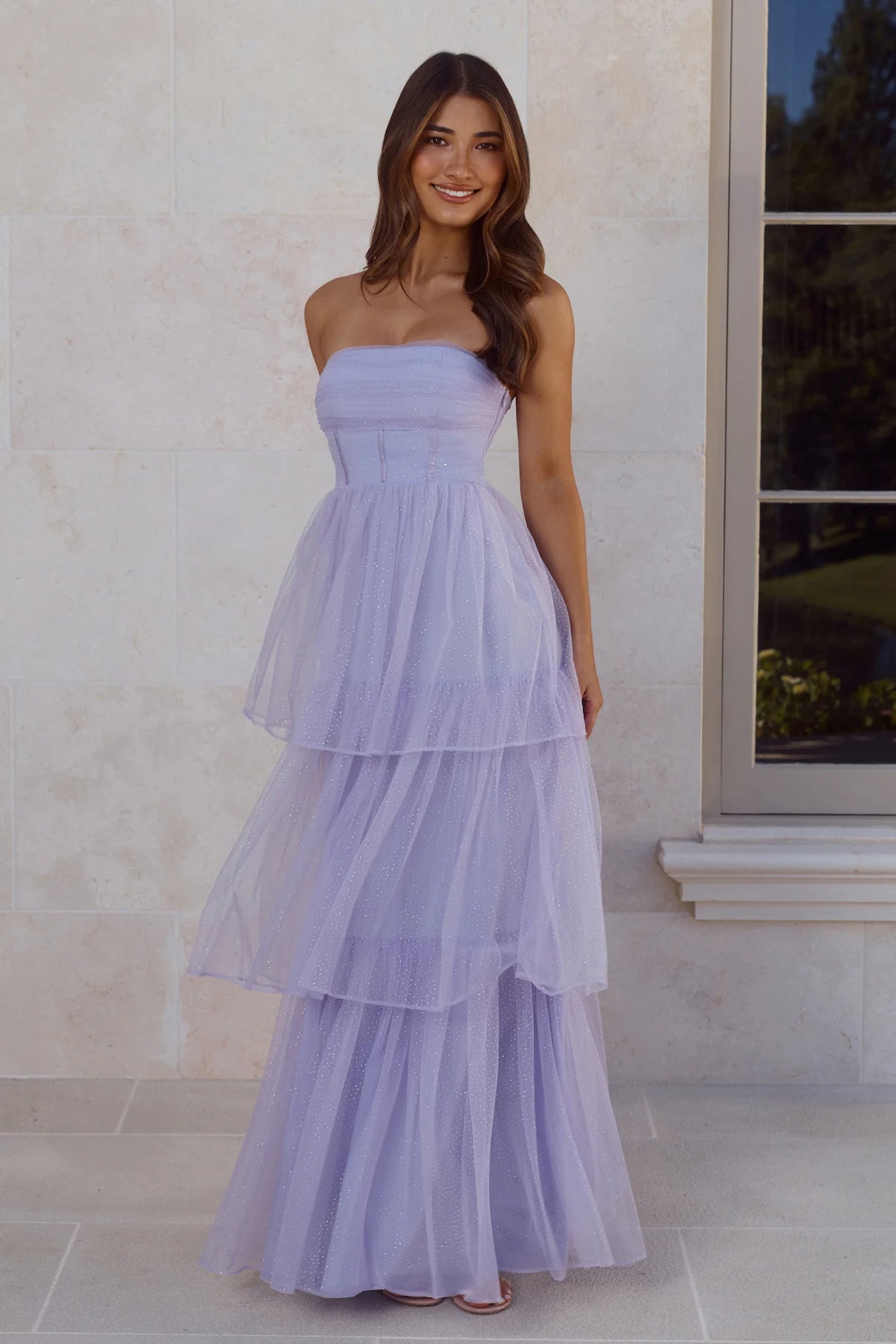 Lavender Glitter Tulle Prom Dresses with Strapless Corset Bodice and Tiered Ruffle Skirt