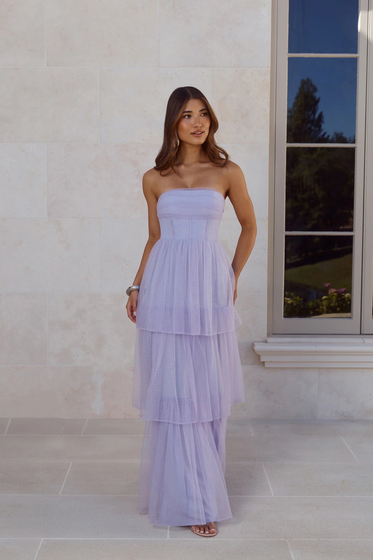 Lavender Glitter Tulle Prom Dresses with Strapless Corset Bodice and Tiered Ruffle Skirt