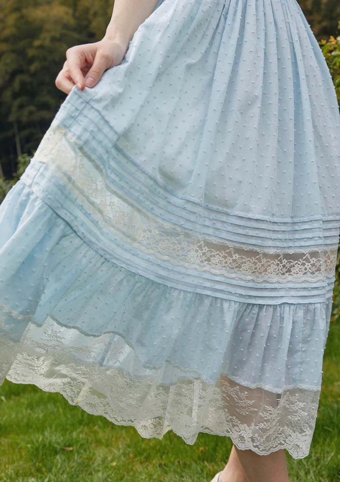 Light Blue Swiss Dot Midi Dresses with Square Neck Lace Trim Puff Sleeves Velvet Bow Smocked Waist and Tiered Lace Skirt