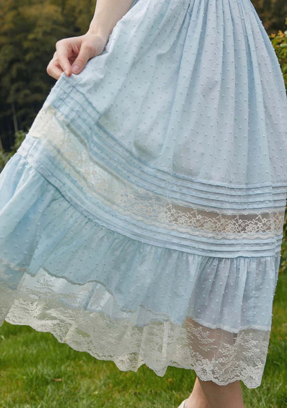 Light Blue Swiss Dot Midi Dresses with Square Neck Lace Trim Puff Sleeves Velvet Bow Smocked Waist and Tiered Lace Skirt