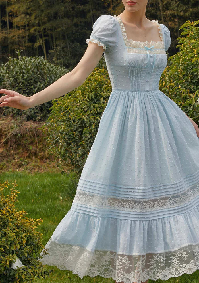 Light Blue Swiss Dot Midi Dresses with Square Neck Lace Trim Puff Sleeves Velvet Bow Smocked Waist and Tiered Lace Skirt
