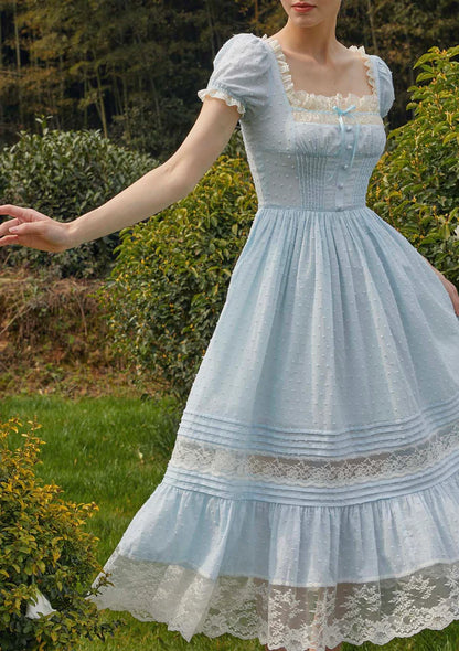 Light Blue Swiss Dot Midi Dresses with Square Neck Lace Trim Puff Sleeves Velvet Bow Smocked Waist and Tiered Lace Skirt