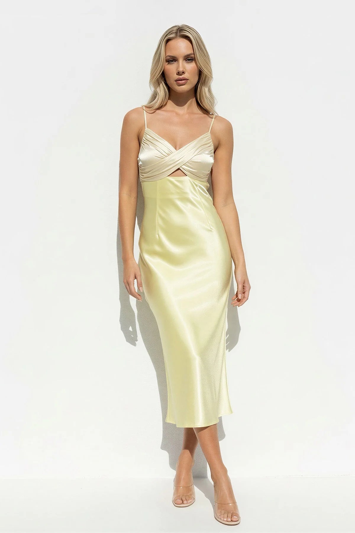 Lustrous Satin Cami-Cross-Front Tie-Back Midi Evening Dress