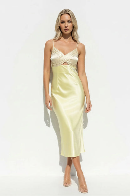 Lustrous Satin Cami-Cross-Front Tie-Back Midi Evening Dress