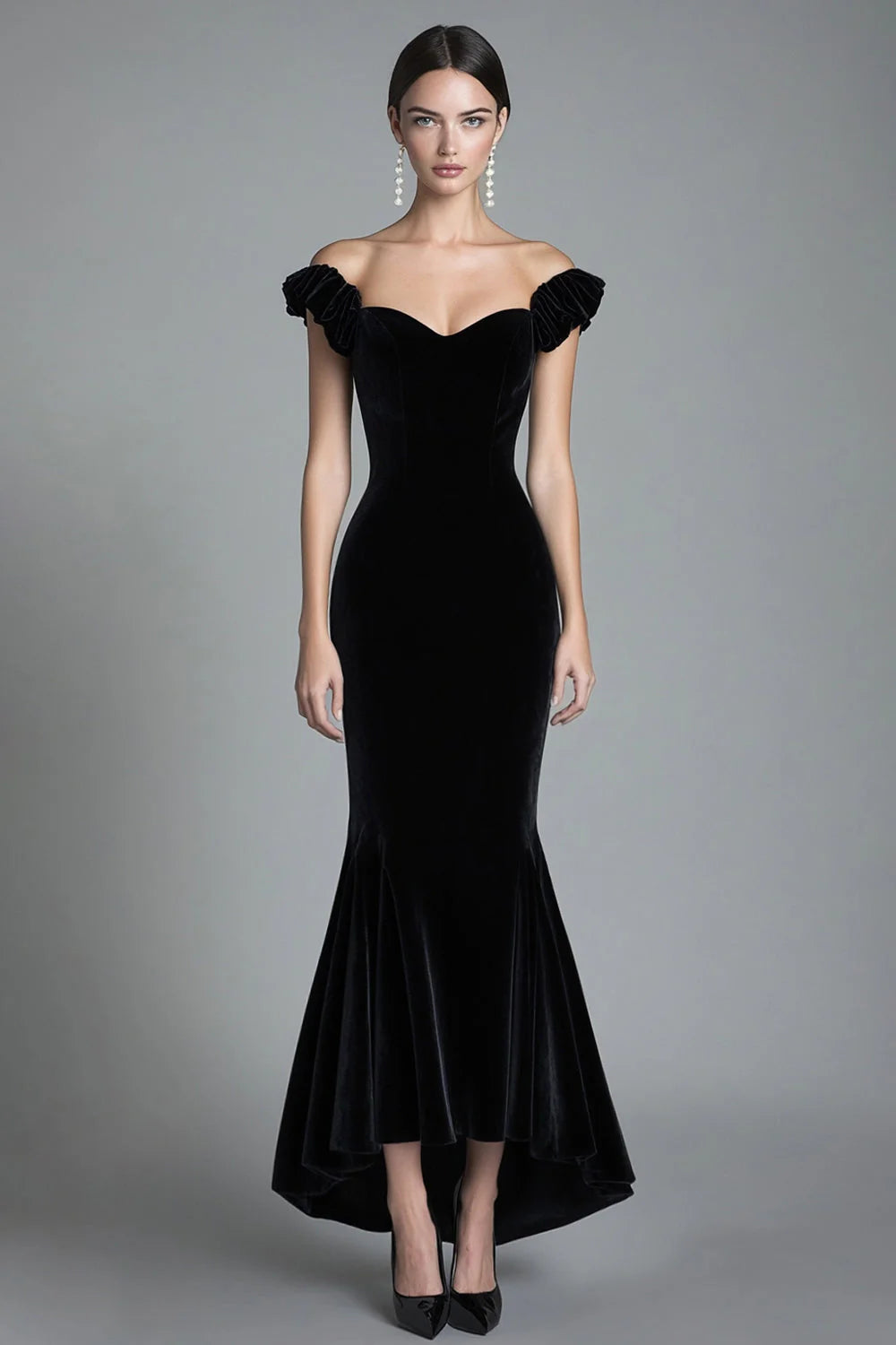 Luxe Black Velvet Off-Shoulder Ruffle Mermaid High-Low Evening Dress