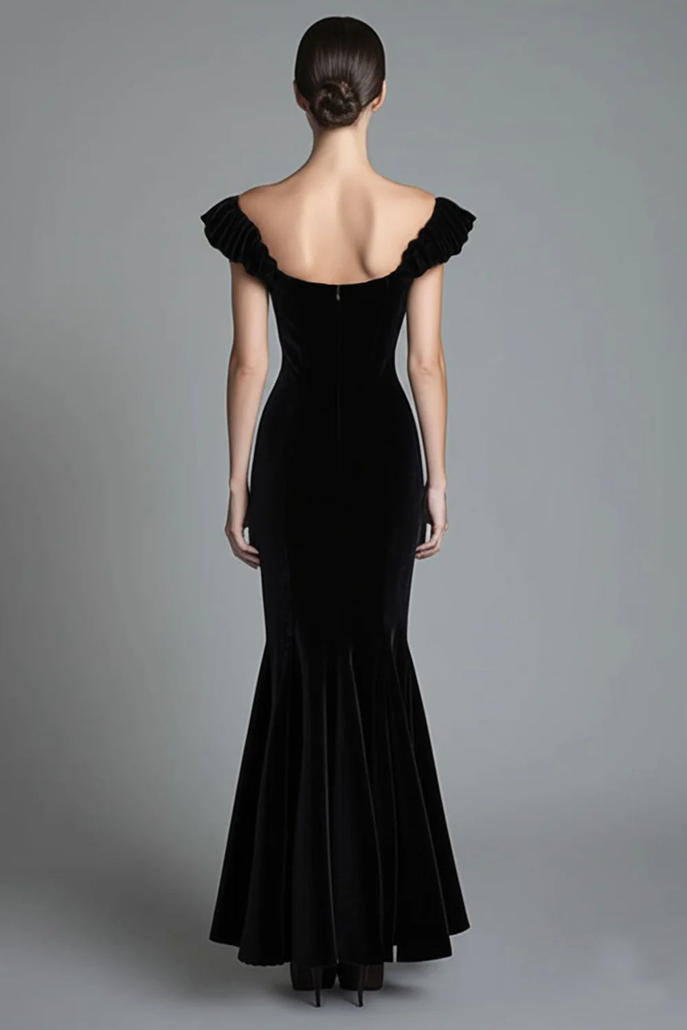 Luxe Black Velvet Off-Shoulder Ruffle Mermaid High-Low Evening Dress
