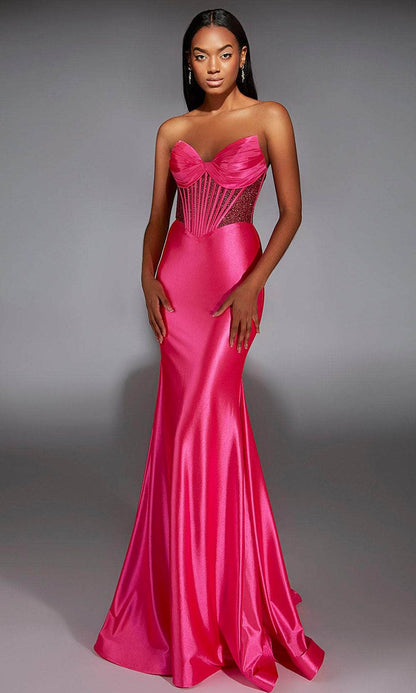 Luxe Fuchsia Satin Strapless with Beaded Corset Bodice and Mermaid Train Evening Dress