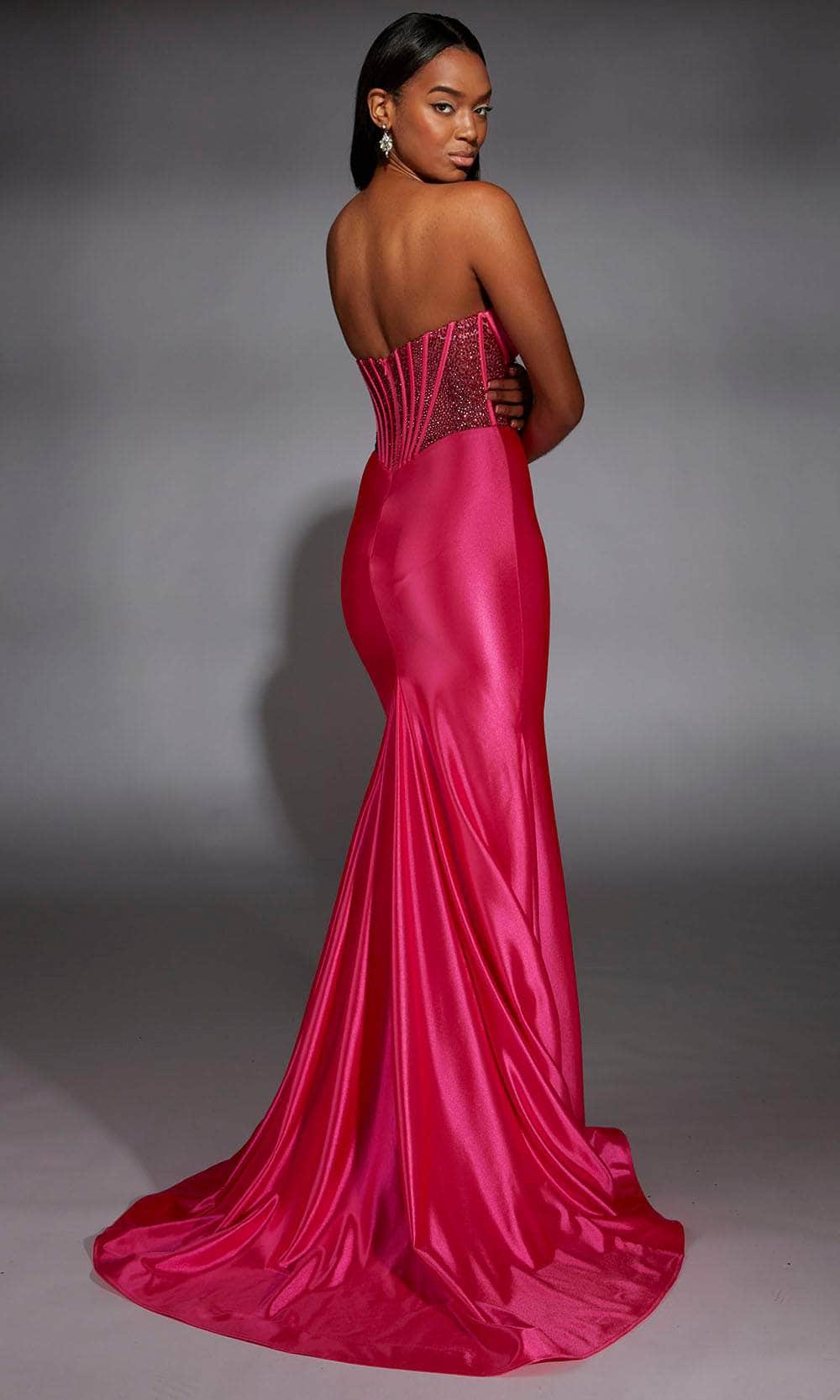 Luxe Fuchsia Satin Strapless with Beaded Corset Bodice and Mermaid Train Evening Dress