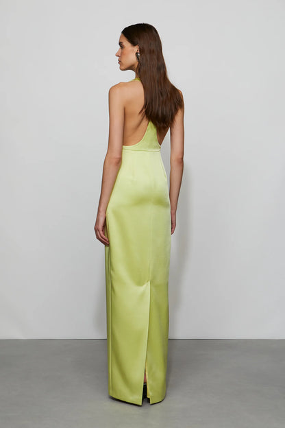 Luxe Lime Green Satin Halter Neck Plunge V-Neck Floor-Length Evening Dress