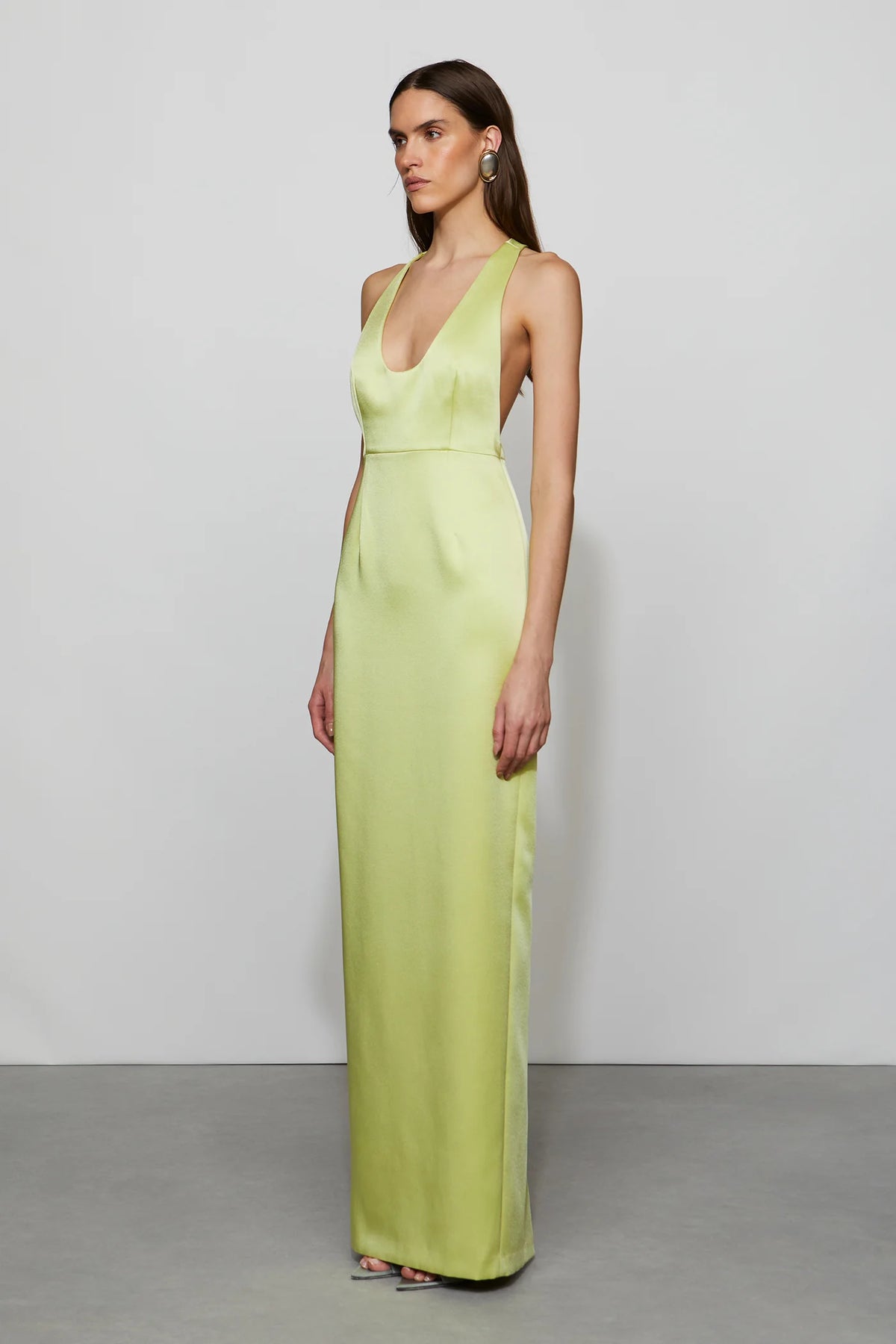 Luxe Lime Green Satin Halter Neck Plunge V-Neck Floor-Length Evening Dress