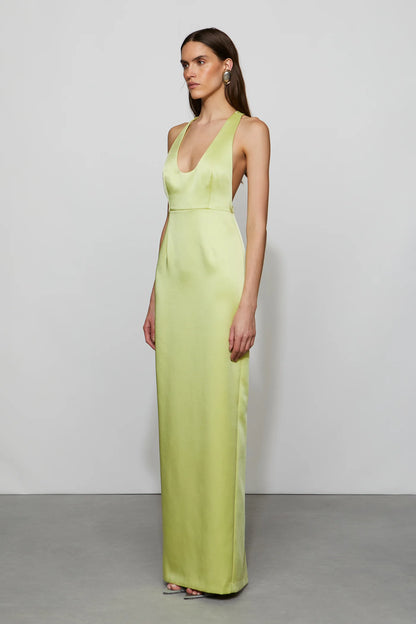 Luxe Lime Green Satin Halter Neck Plunge V-Neck Floor-Length Evening Dress