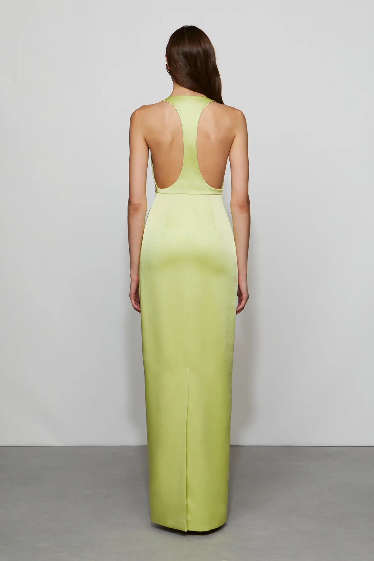 Luxe Lime Green Satin Halter Neck Plunge V-Neck Floor-Length Evening Dress