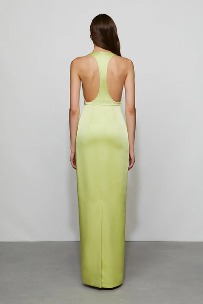 Luxe Lime Green Satin Halter Neck Plunge V-Neck Floor-Length Evening Dress