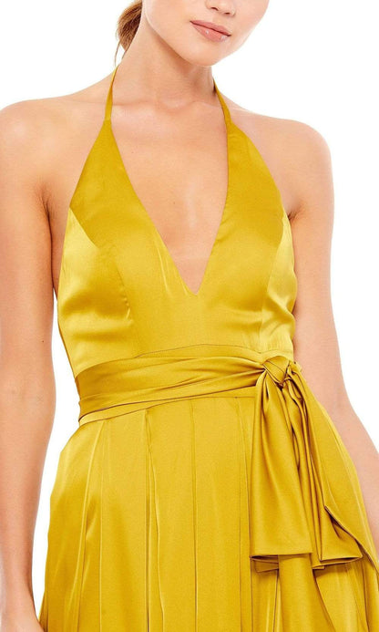 Luxe Mustard Satin Halter Strap with Open Back and High Slit Evening Dress