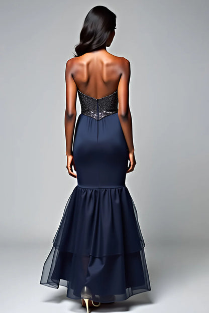 Luxe Navy Sequin Bodice Spaghetti Strap Tiered Mermaid Evening Dress