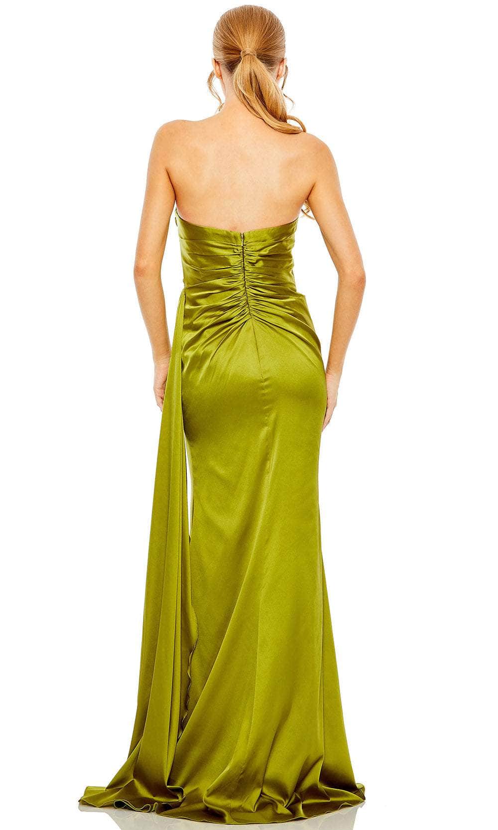 Luxe Olive Satin Strapless with Crystal Accent Ruched Bodice and High Slit Evening Dress