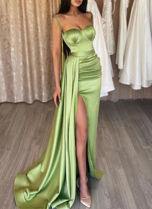 Luxe Sage Green Spaghetti-Strap Sweetheart Corset Bodice High-Slit Trumpet Train Evening Dress
